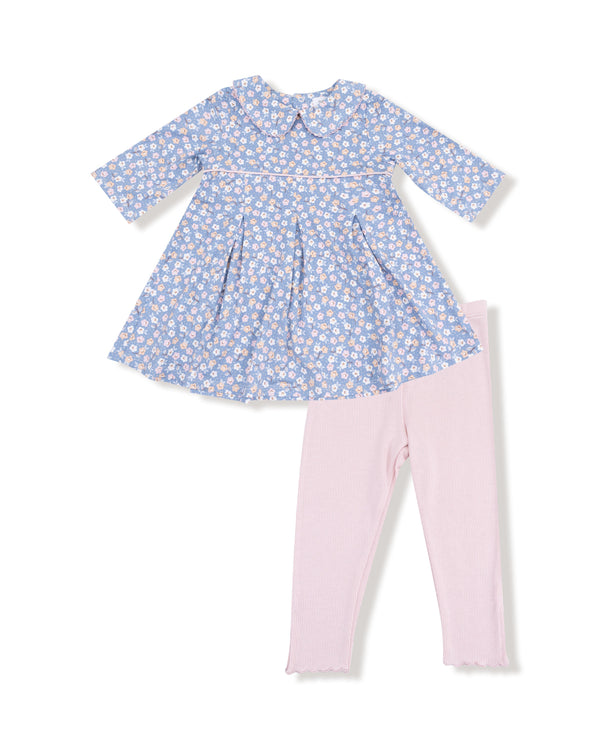 Country Calico Box Pleat Dress W/ Rib Leggings