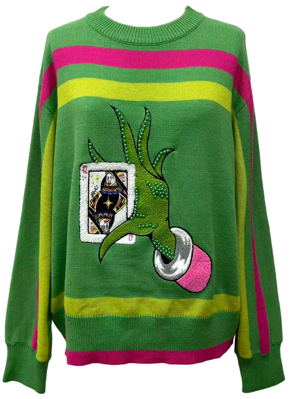 Green & Pink Striped Grinch Hand Holding QOS Card Sweater- (Women's)