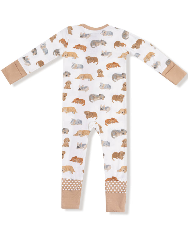 Napping Puppies 2 Way Zipper Romper- Ivory/Tan