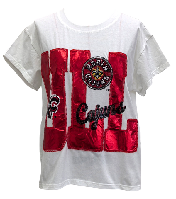 Licensed ULL Metallic Word W/ Icons Tee- (Women's)