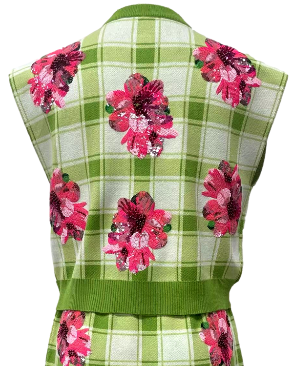 Green Plaid Azalea Button Up Tank Sweater- (Women's)