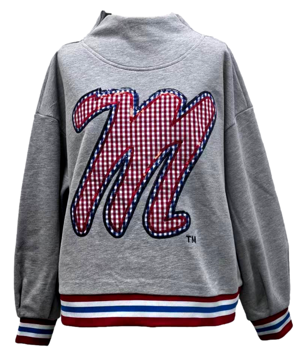 Licensed Ole Miss Grey Gingham Mascot Mock Neck Sweatshirt- (Women's)
