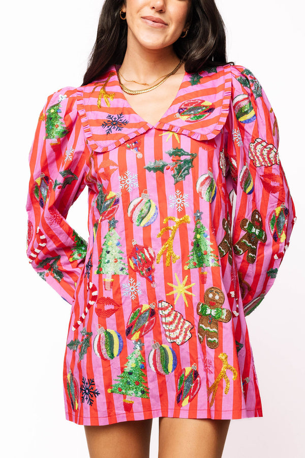 Pink & Red Stripe Christmas Icon Collar Dress- (Women's)