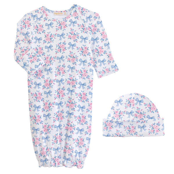 Blue Floral Bows Printed Gown & Hat Set