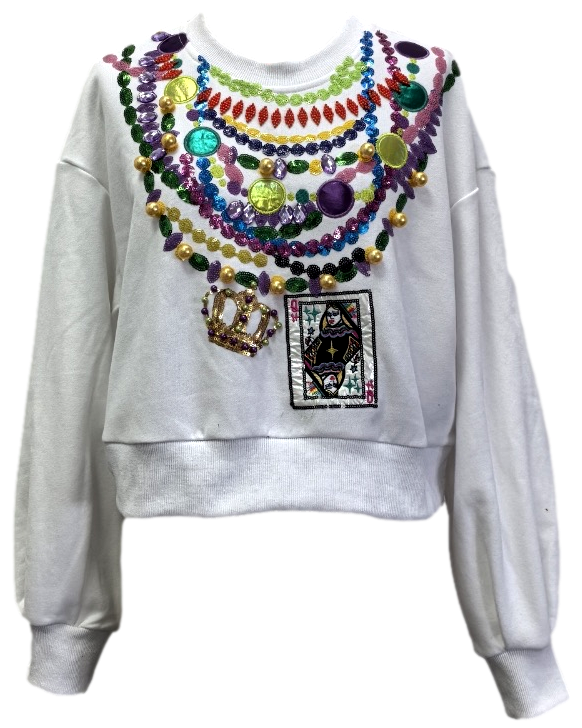 White Mardi Gras Queen Beads Sweatshirt- (Women's)