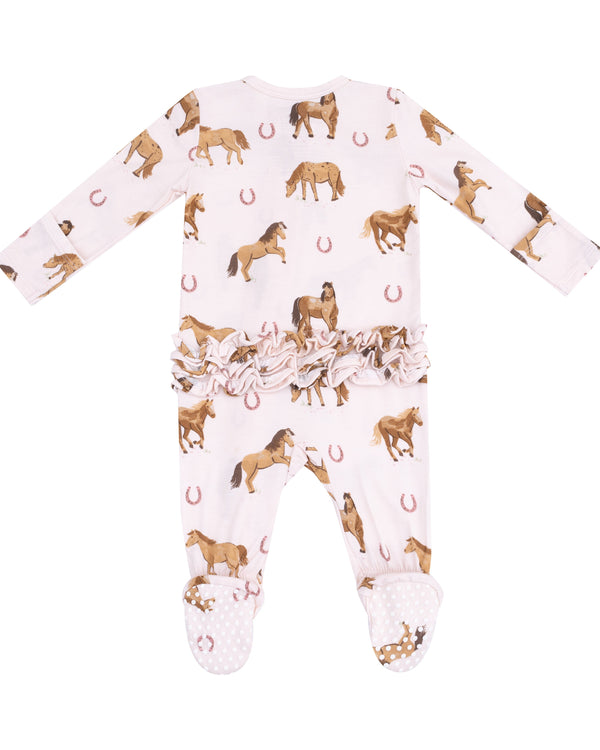 Horses 2 Way Zipper Ruffle Footie- Pink