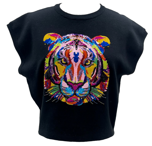 Black Knit Sweater W/ Rainbow Tiger Head (Women's)