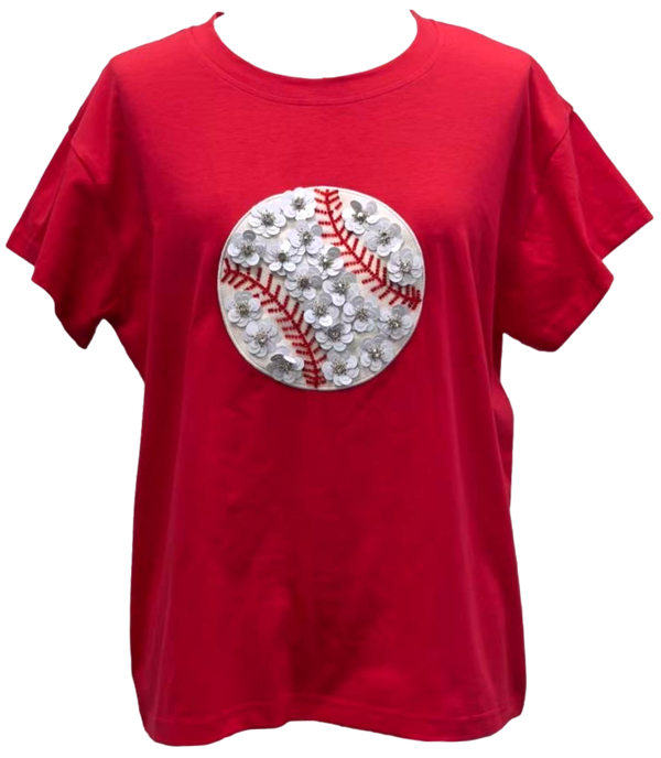Red Flower Baseball Tee- (Women's)