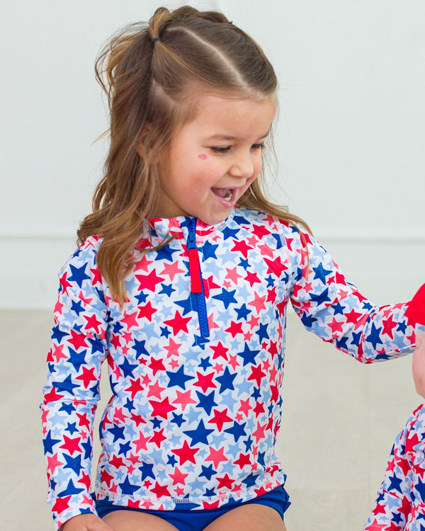 Zipper Rash Guard 2-Piece Swimsuit- Shimmer Star- Spangled
