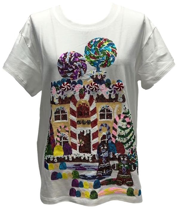 White Gingerbread House Scene Tee- (Women's)