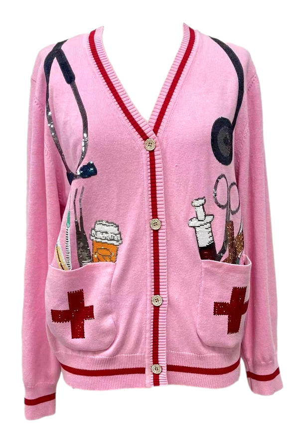Pink Medical Instrument Button Up Cardigan- (Women's)