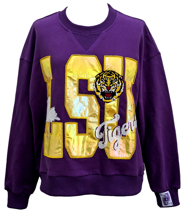 Licensed LSU Metallic Word W/ Icons Sweatshirt- (Women's)