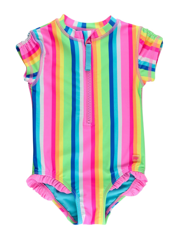 Rash Guard One Piece Swimsuit- Neon Rainbow Stripe