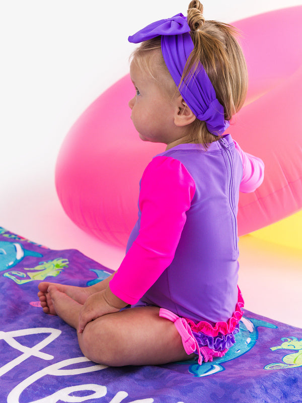One Piece Rash Guard Swimsuit- Neon Purple Color Block