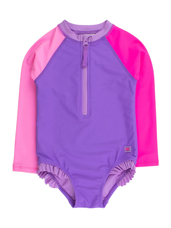 Zipper One Piece Rash Guard Swimsuit- Neon Purple Color Block