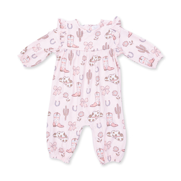 Cowgirl Boots And Bows Ruffle Sleeve Snap Romper
