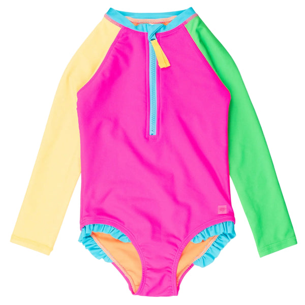 Zipper One Piece Rash Guard Swimsuit- Neon Color Block