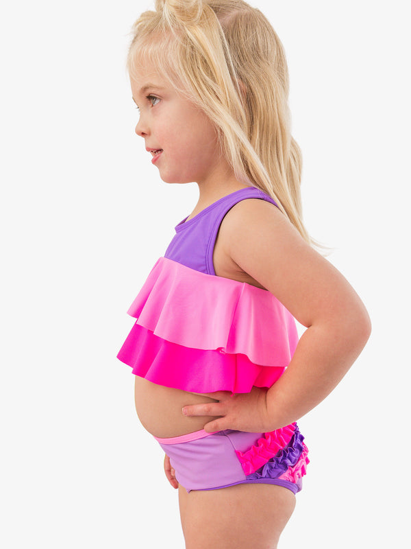 Flounce Bikini 2-Piece Swimsuit- Neon Purple Color Block