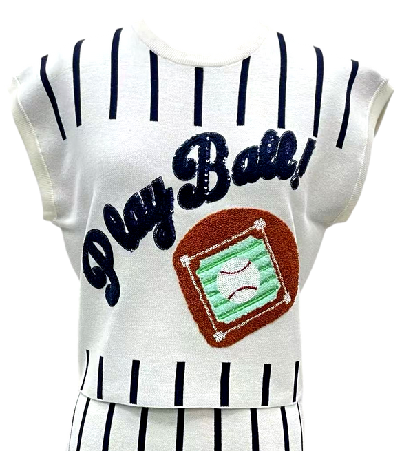 Navy & White Stripe 'Play Ball' Top- (Women's)