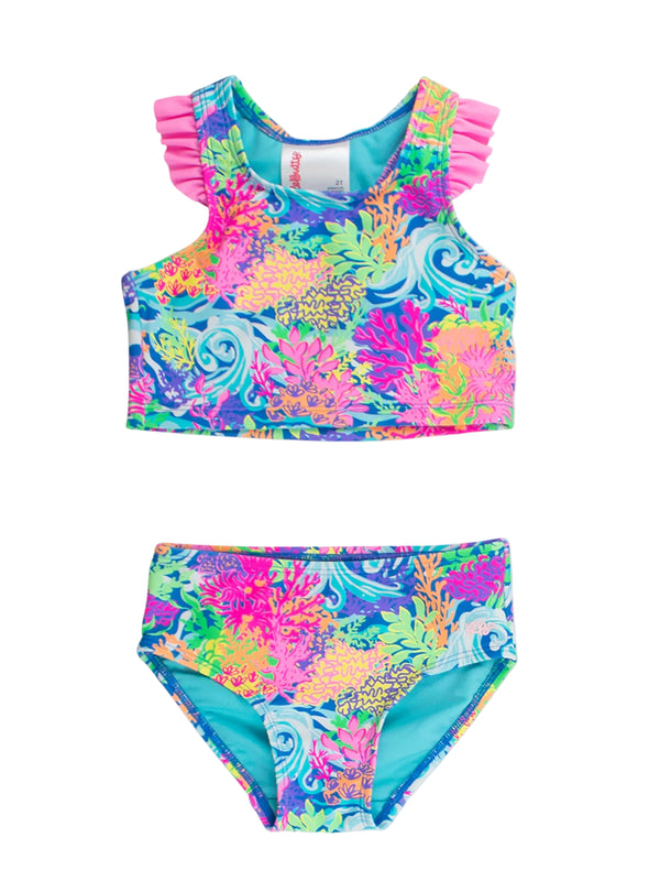 Racerback Flutter Tankini 2-Piece Swimsuit- Neon Ocean Coral