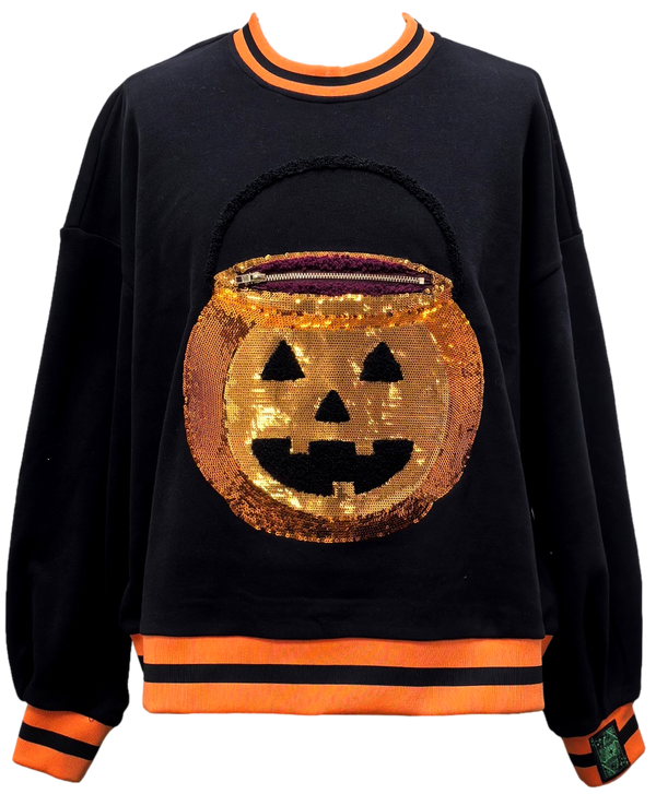 Black Halloween Pumpkin Candy Bucket Sweatshirt- (Women's)