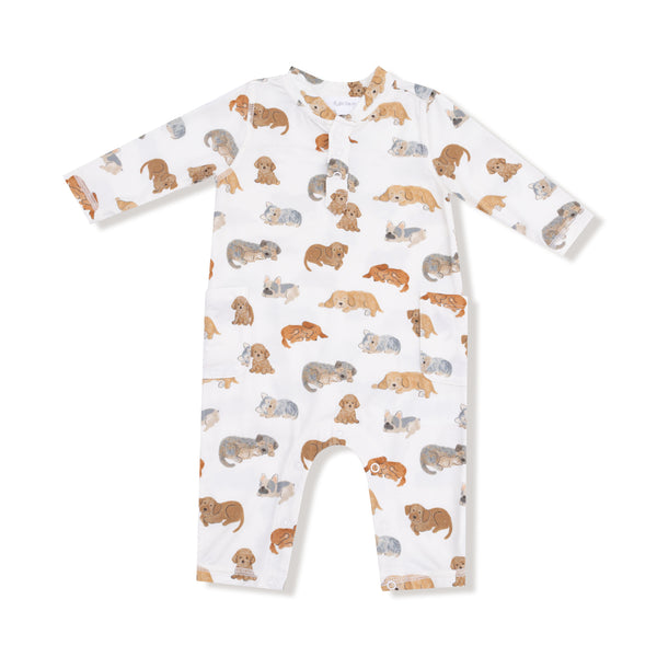 Napping Puppies Romper- Ivory/Tan