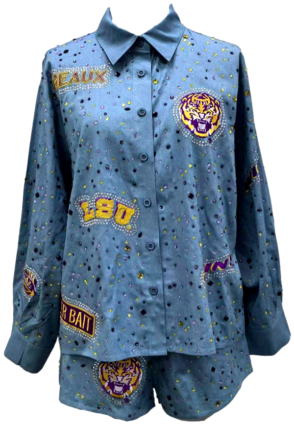 Licensed LSU Denim Multi Rhinestone Scattered Logo Button Up Top- (Women's)