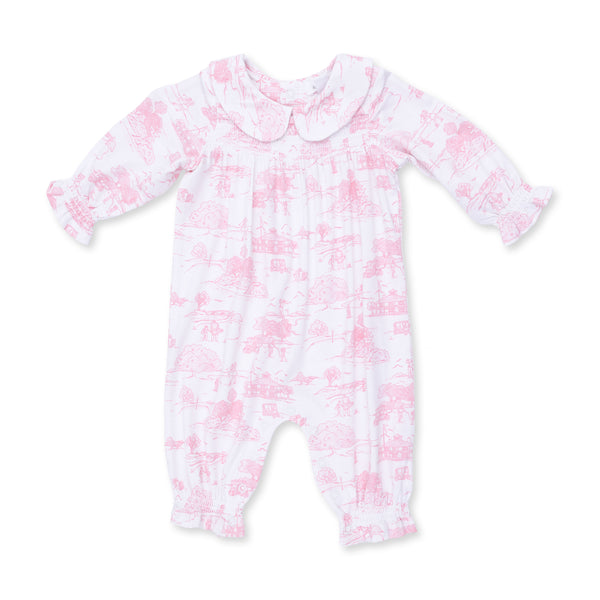 Golf Toile Smocked Romper- Pink