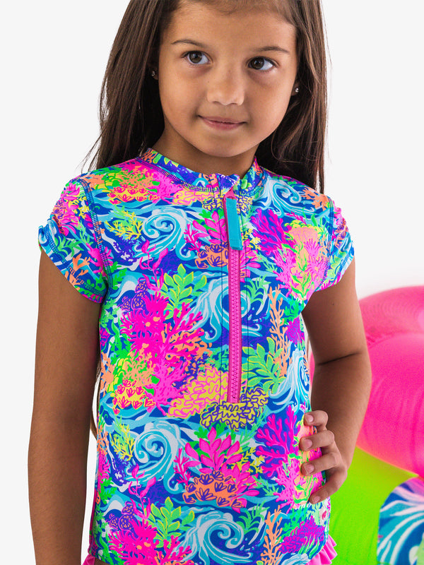 Rash Guard One Piece Swimsuit- Neon Ocean Coral