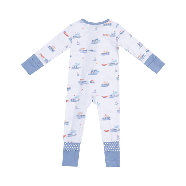 Bubbly Tugboats 2 Way Zipper Romper- Blue