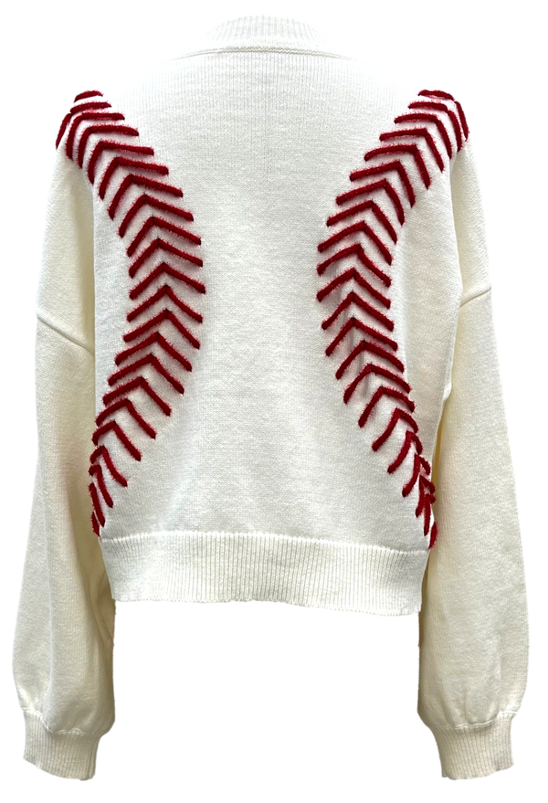 White Baseball Stitch Long Sleeve Sweater- (Women's)