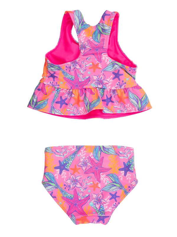Reversible Peplum Tankini 2-Piece Swimsuit- Neon Shimmer Mermaid
