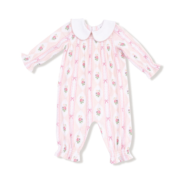 Ogee Lace Floral Smocked L/S Romper- Light Pink