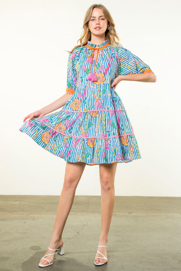 Tassel Tie Floral Striped Tiered Dress- Blue