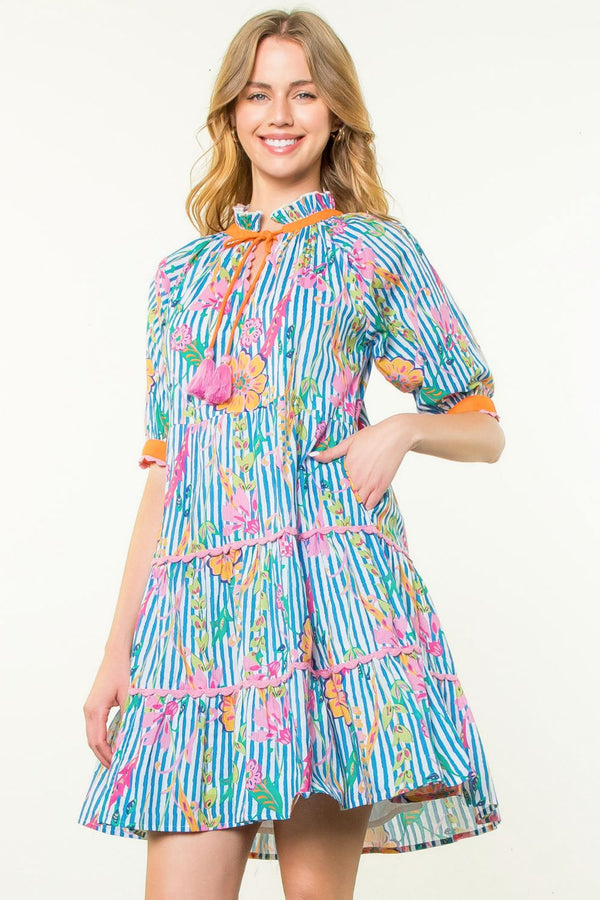 Tassel Tie Floral Striped Tiered Dress- Blue