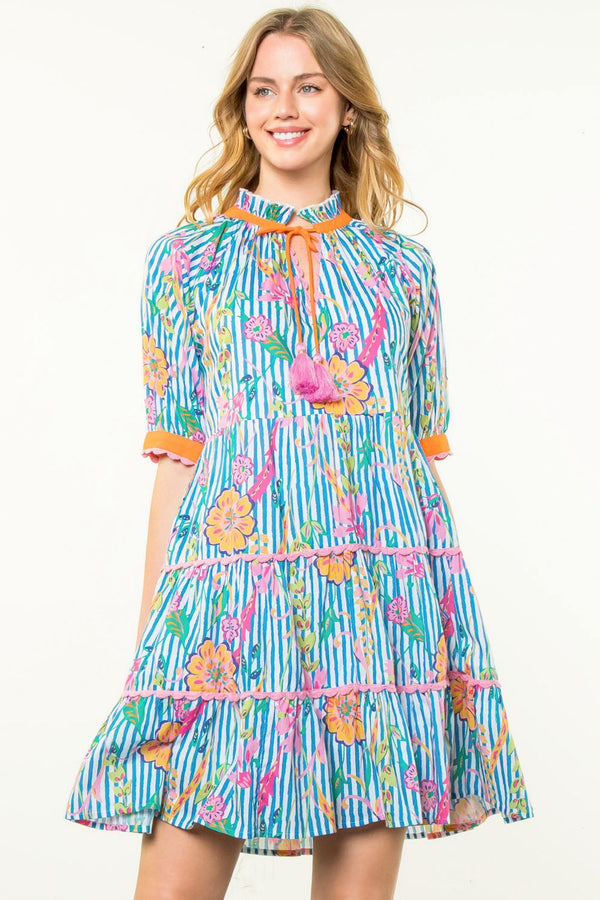 Tassel Tie Floral Striped Tiered Dress- Blue