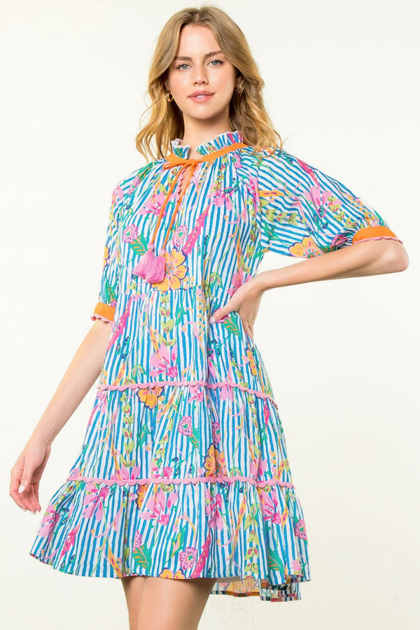 Tassel Tie Floral Striped Tiered Dress- Blue