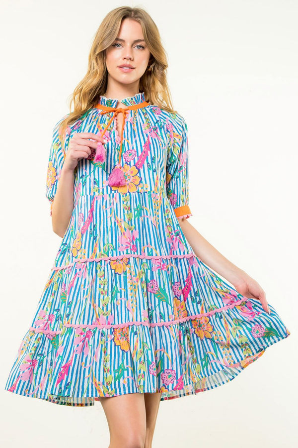Tassel Tie Floral Striped Tiered Dress- Blue