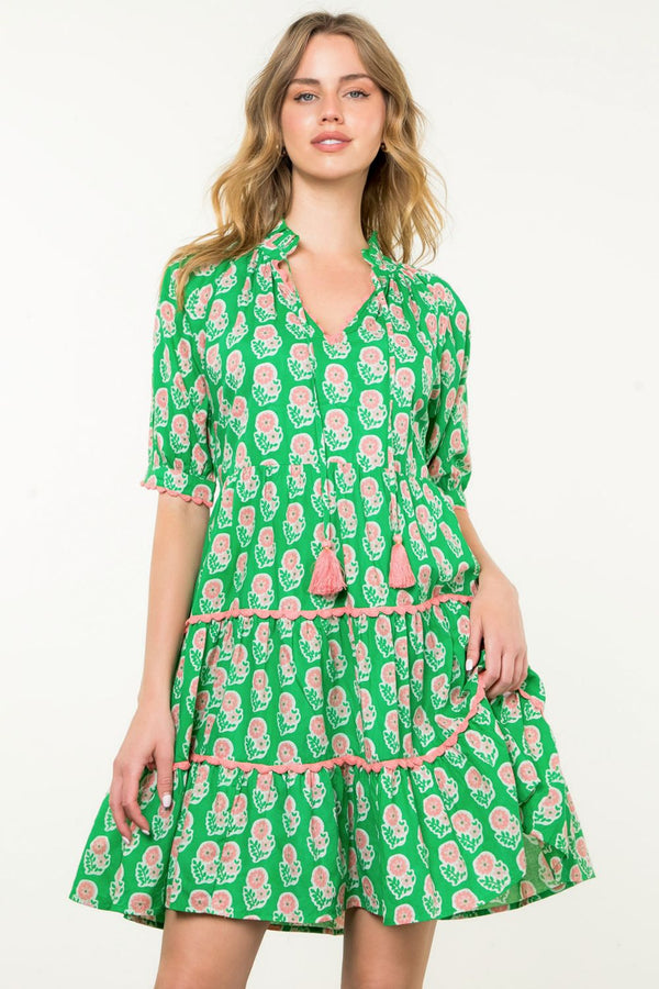 Tassel Puff Sleeve Floral Dress- Green