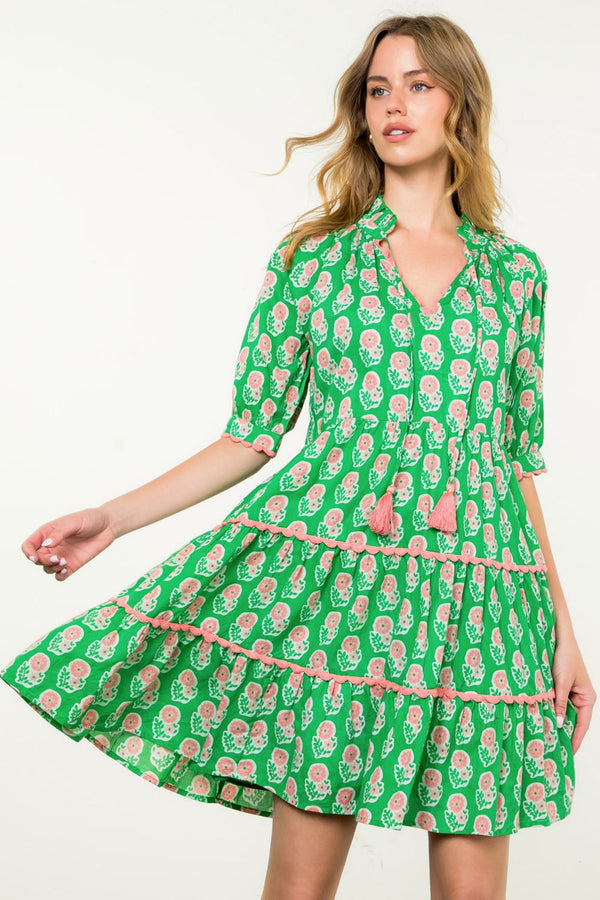 Tassel Puff Sleeve Floral Dress- Green