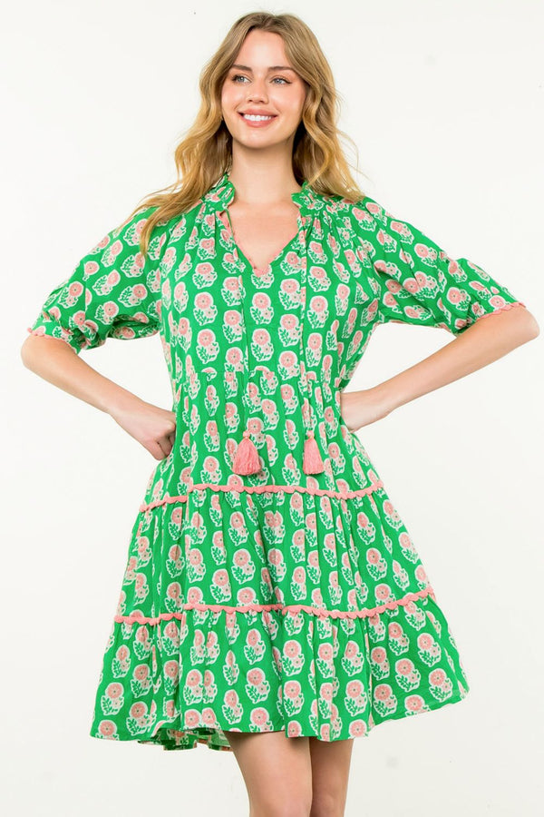 Tassel Puff Sleeve Floral Dress- Green