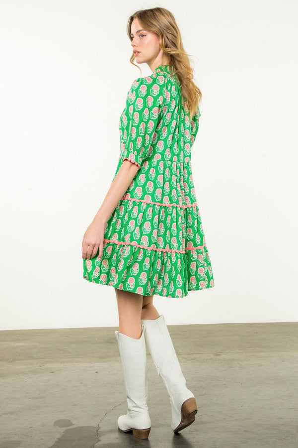 Tassel Puff Sleeve Floral Dress- Green