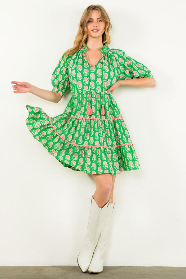 Tassel Puff Sleeve Floral Dress- Green
