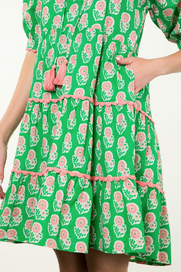 Tassel Puff Sleeve Floral Dress- Green