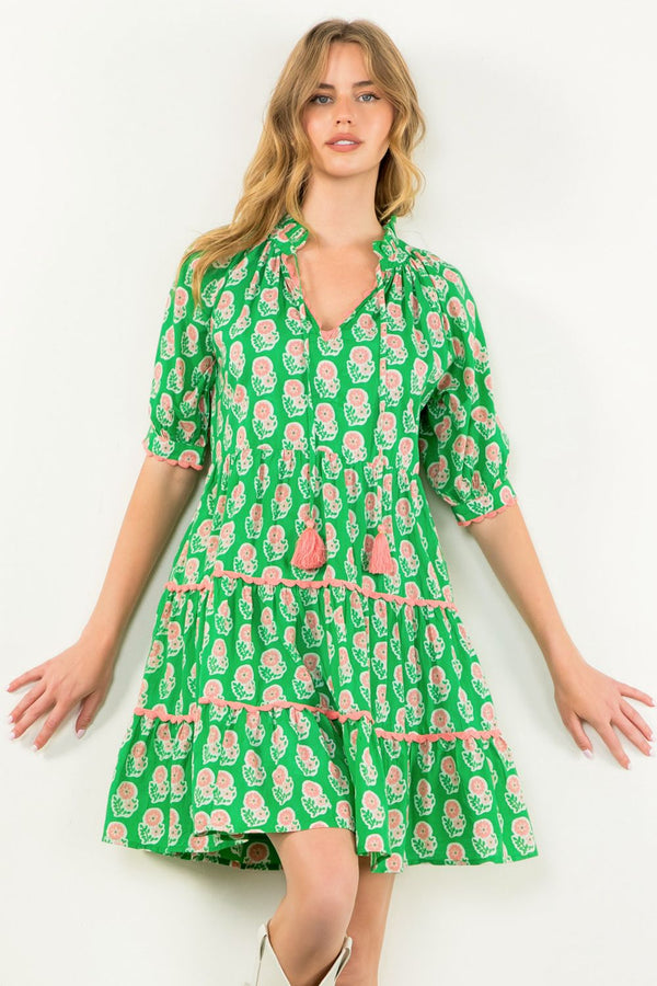 Tassel Puff Sleeve Floral Dress- Green