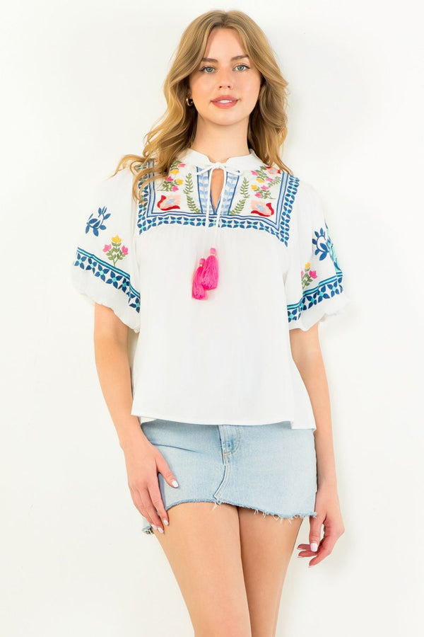 Embroidered Puff Sleeve Floral Top- White