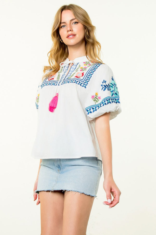 Embroidered Puff Sleeve Floral Top- White
