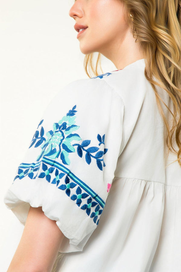 Embroidered Puff Sleeve Floral Top- White