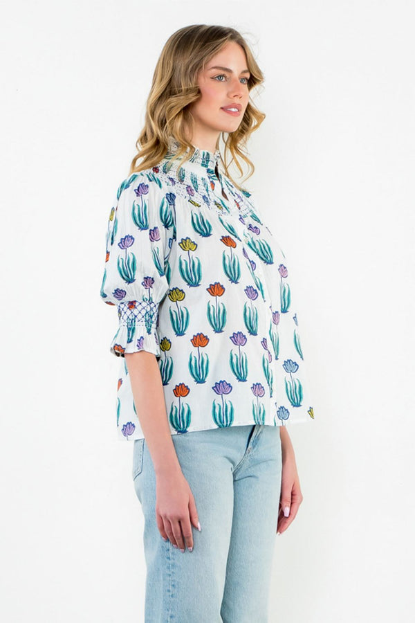 Smocked Neck Puff Sleeve Floral Top- Cream