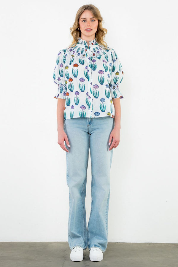 Smocked Neck Puff Sleeve Floral Top- Cream